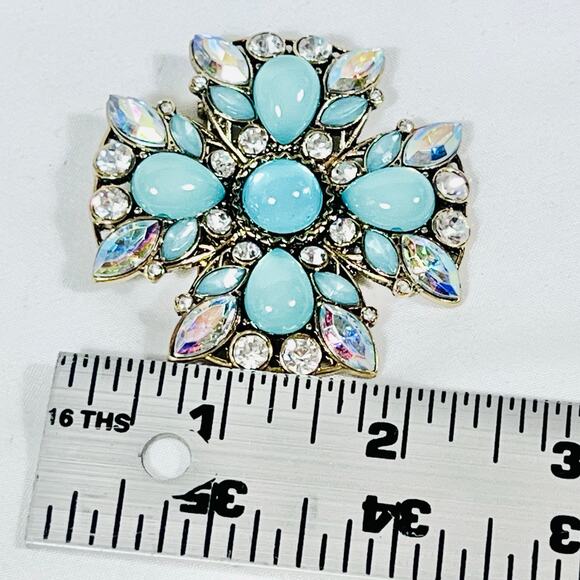 Turquoise Inlay Silver Brooch Pin Cross Crystal Rhinestones Theme Faux 5.7cm - Picture 5 of 5